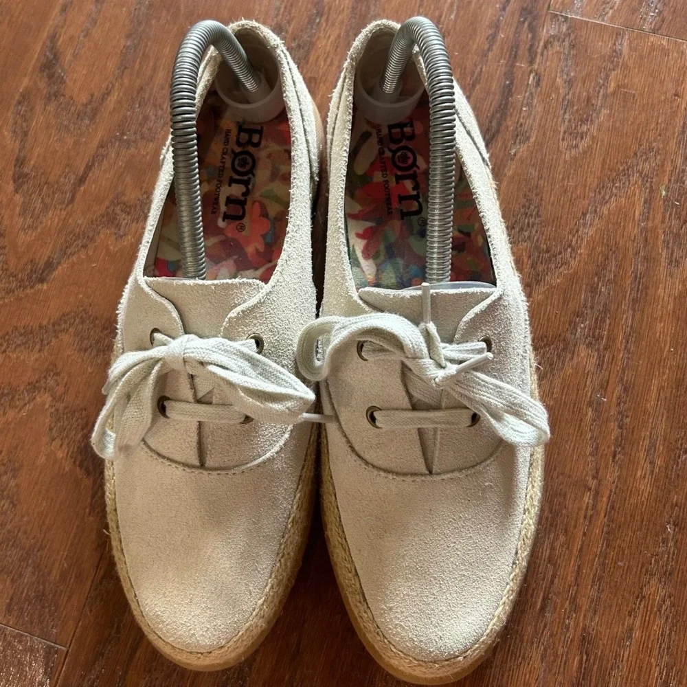 Born Oxford Shoes Womens Beige Suede Lace Up Espadrille Jute Trim 8M